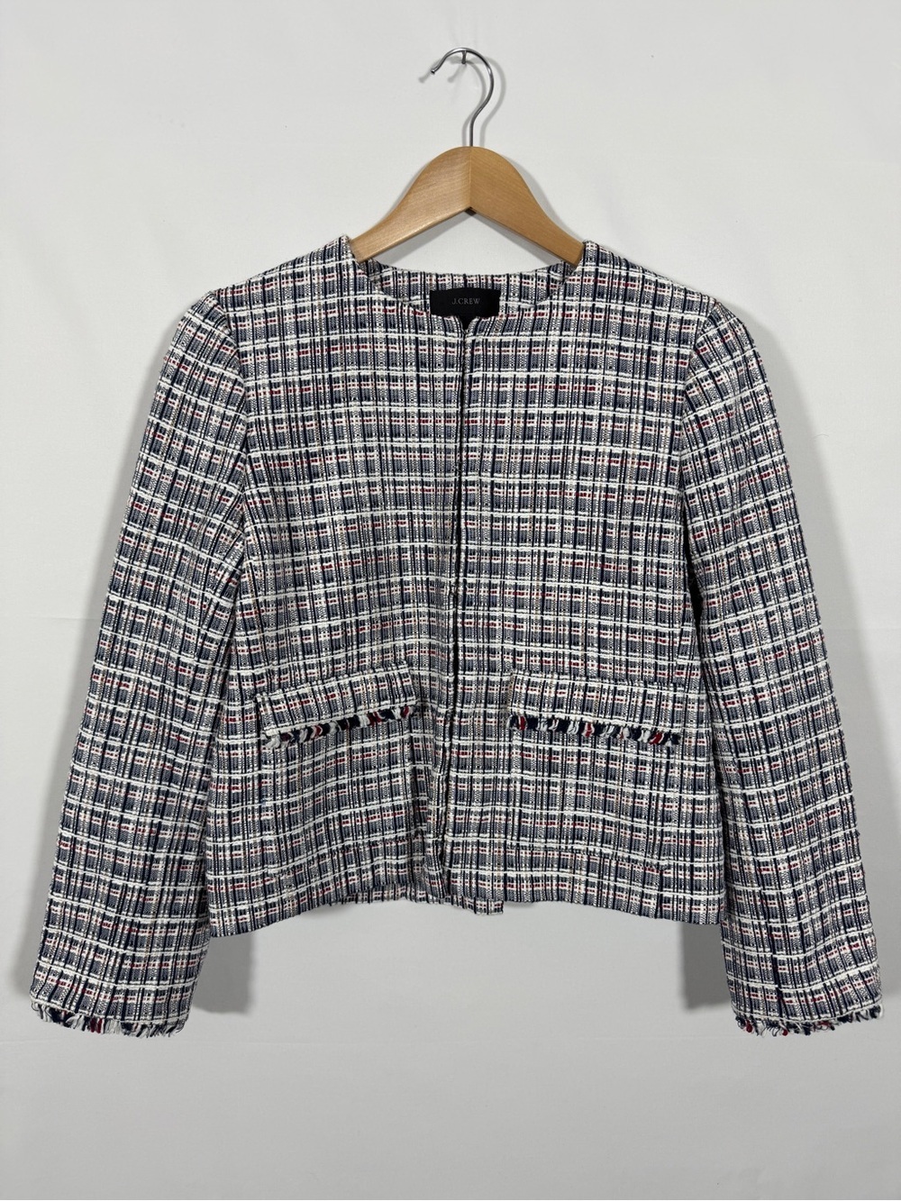 WJT14 {J. Crew} Blue Red White Cotton Tweed Plaid Fringe Blazer Suit Coat